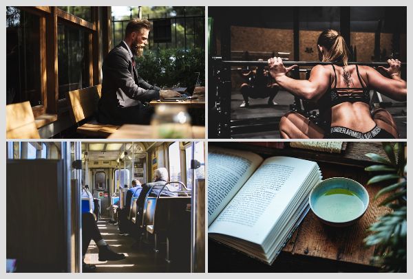 カフェ、筋トレ、電車通勤、読書でイヤホンを使う様子