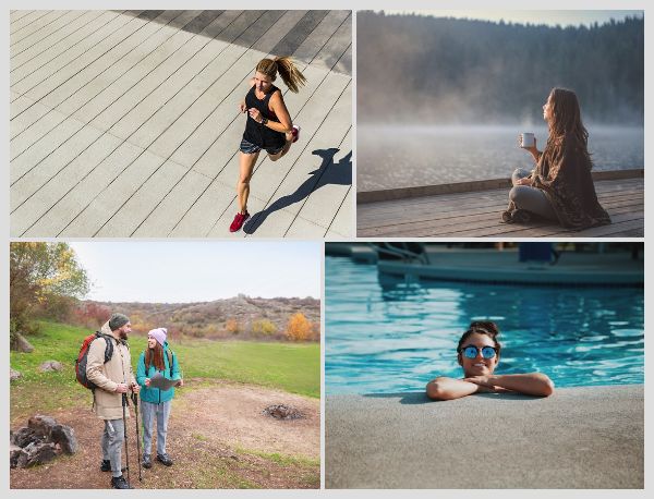 ランニング、リラックス、ハイキング、水泳でイヤホンを使う様子